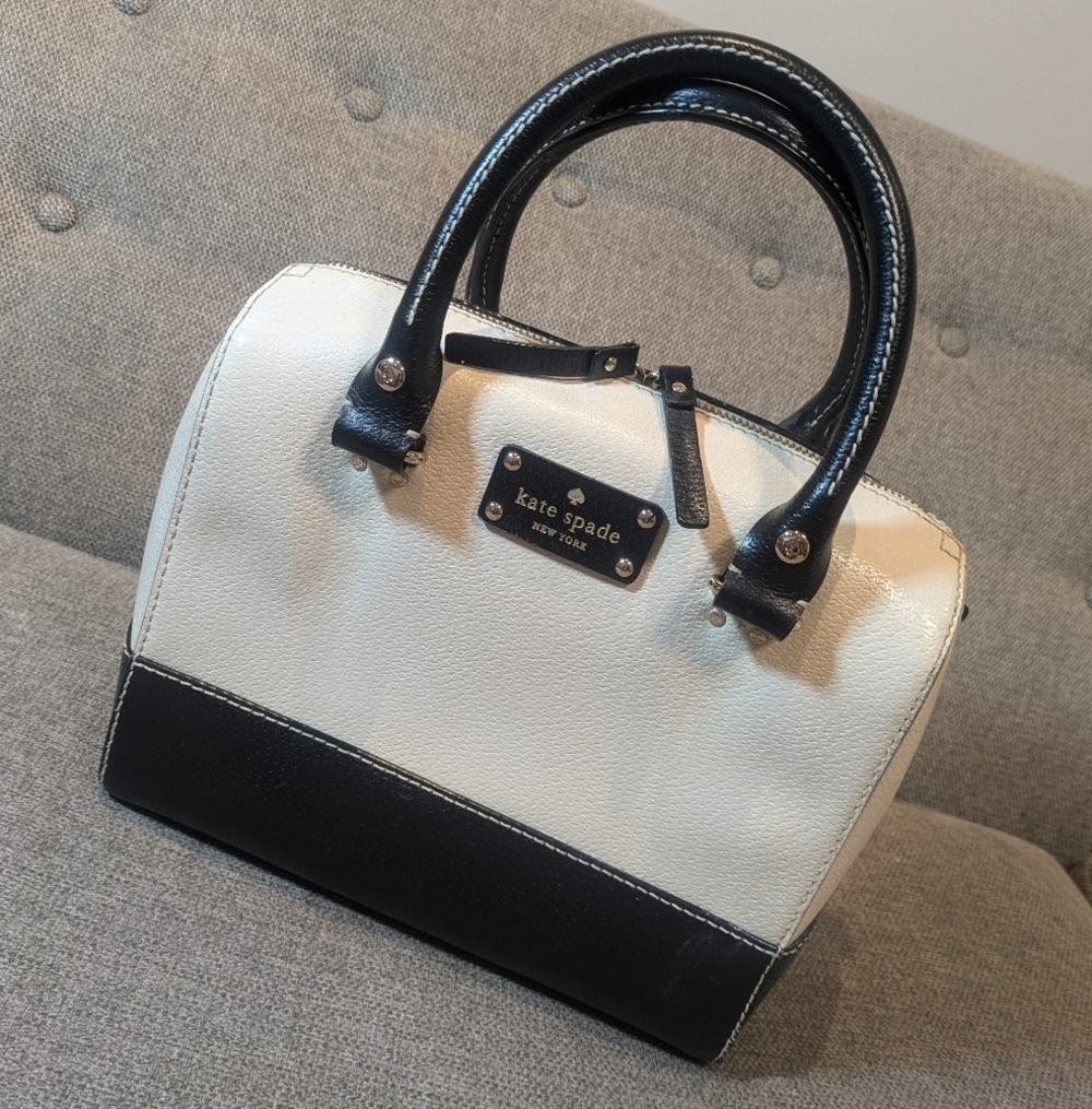 Kate Spade New York Wellesley Black Cream Leather Satchel Handbag